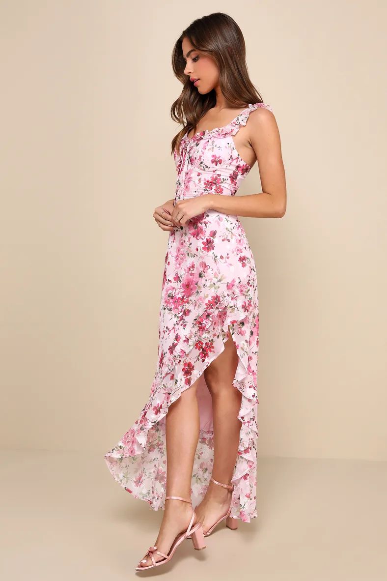 Lovable Spirit Pink Floral Burnout Ruffled High-Low Maxi Dress | Lulus