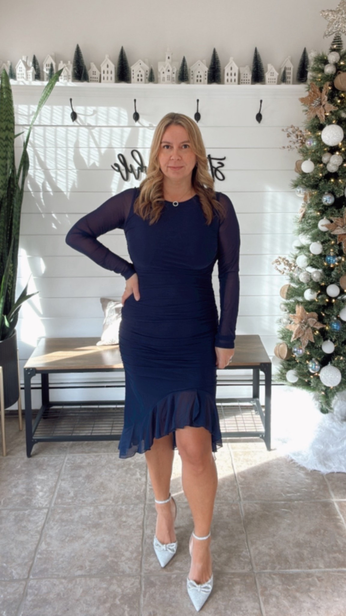 Winter wedding guest dress, or wear to a holiday party. It comes in lots of colors including green and burgundy. I absolutely love all the ruching and the bow heels 🙌🏼

#LTKWedding #LTKHoliday #LTKFindsUnder50