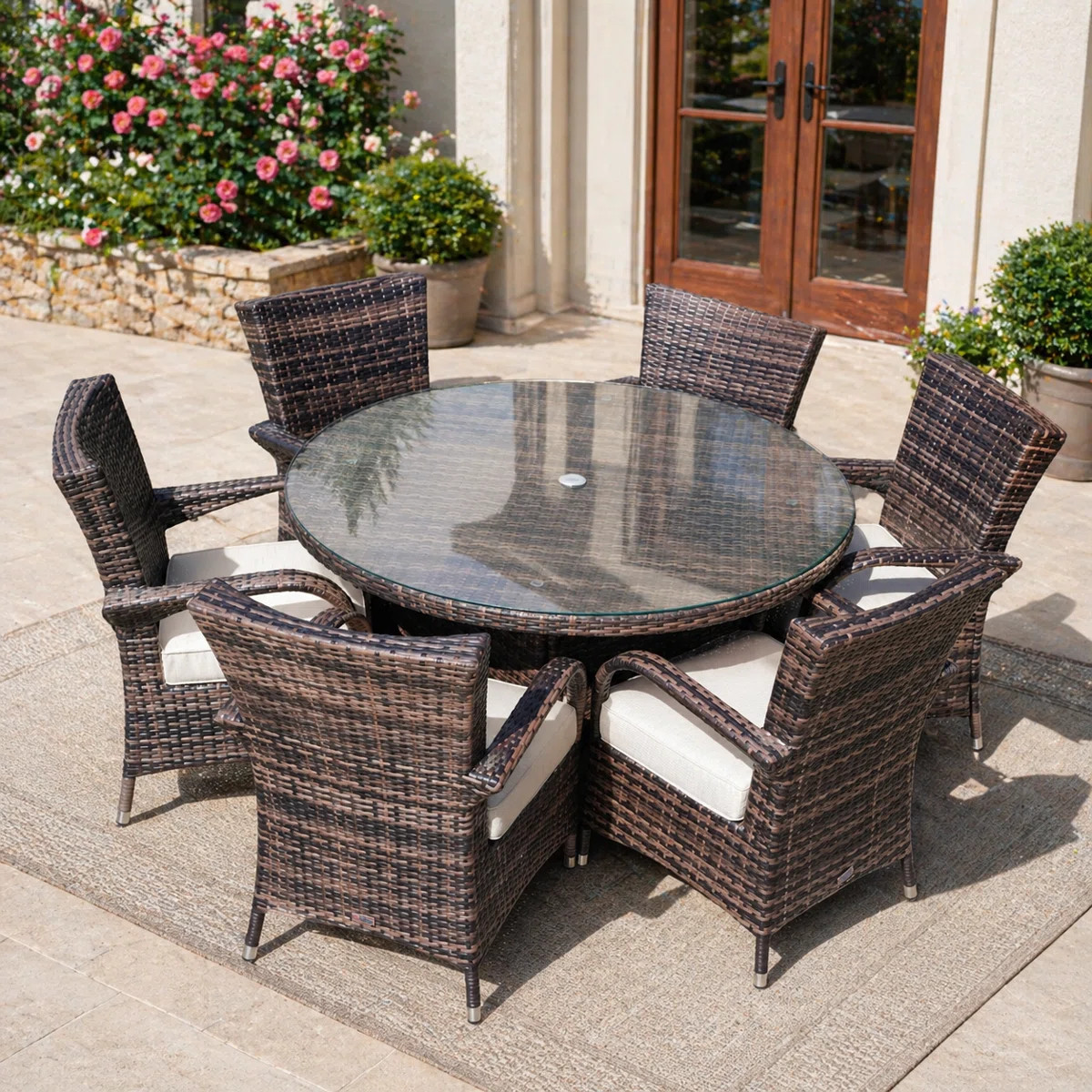 6 - Person Wicker Patio Dining Set with Round Table , Cushions Included | Wayfair North America