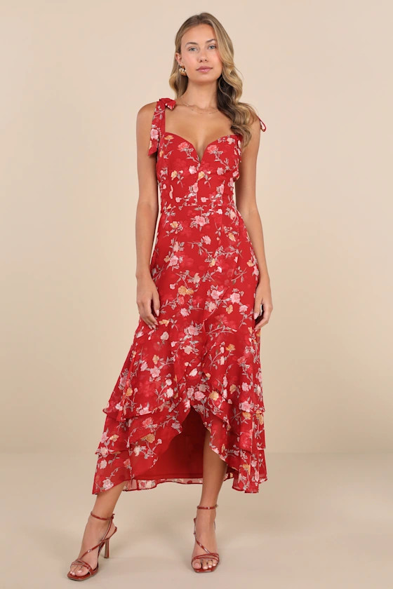 So Elevated Red Floral Jacquard Tie-Strap High-Low Midi Dress | Lulus