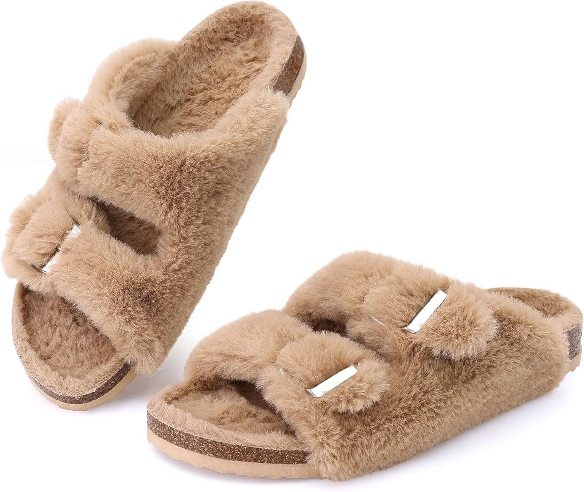 KIDMI Fuzzy Slippers Women with Cork Footbed Fluffy Slide Sandals Open Toe Indoor House Shoes | A... | Amazon (US)