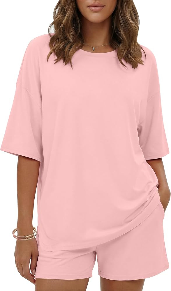 Ekouaer Women's Two Piece Lounge Set Oversized Boxy T-shirt Casual Short Sets Summer Travel Match... | Amazon (US)