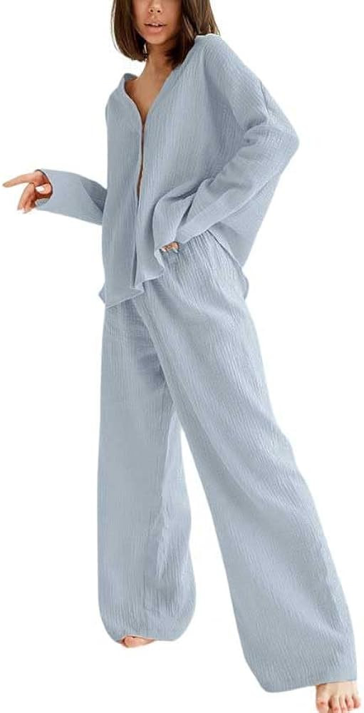 Womens Cotton Gauze Loungewear Sets Casual 2 Piece Sleepwear Button Down Shirt and Wide Leg Pants... | Amazon (US)