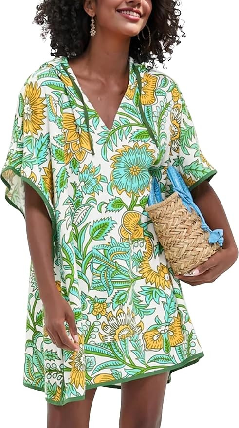 Women's Summer Terry Cloth Beach Swimsuit Cover Up Hooded V Neck Swimwear Dress Resort Wear with ... | Amazon (US)