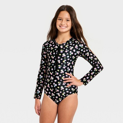 Girls' Long Sleeve Daydream Ditsy One Piece Swimsuit - Cat & Jack™ Black XS | Target