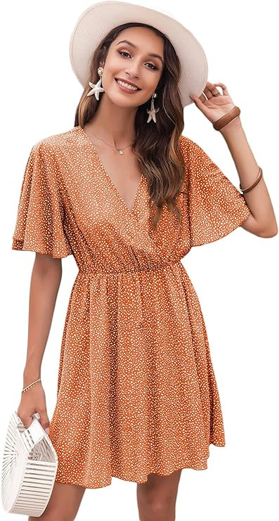 Romwe Women's Short Sleeve V Neck All Over Print High Waist A Line Summer Short Dress | Amazon (US)