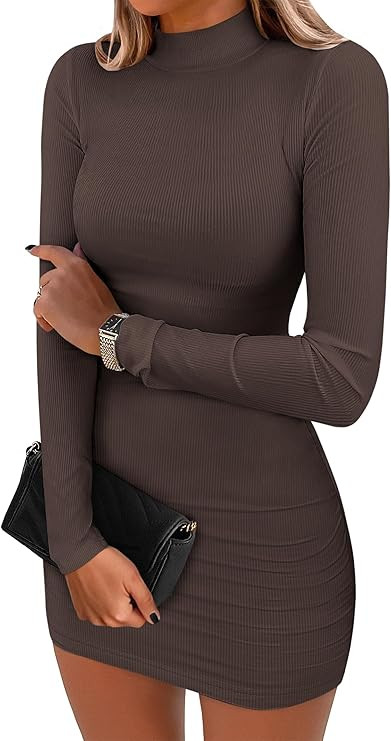 ANRABESS Women Long Sleeve Mock Neck Bodycon Mini Dress 2025 Fall Ribbed Slim Fit Pencil Cocktail... | Amazon (US)
