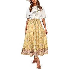 MEROKEETY Women's Boho Floral Print Elastic High Waist Pleated A Line MaxiSkirt | Amazon (US)