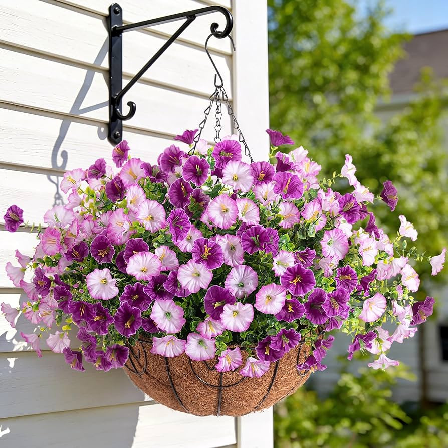 Artificial Fake Hanging Flowers with Basket for Outdoors, Faux Petunias Flowers Fake Hanging Plan... | Amazon (US)