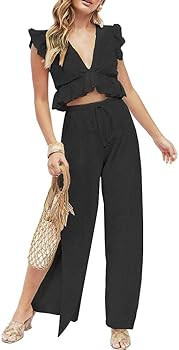 FANCYINN Womens 2 Pieces Outfits Deep V Neck Crop Top Side Slit Drawstring Wide Leg Pants Set Jum... | Amazon (US)