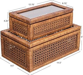 Creative Co-Op Modern Decorative Rectangle Woven Rattan and Wood Display Boxes with Glass Top, Se... | Amazon (US)