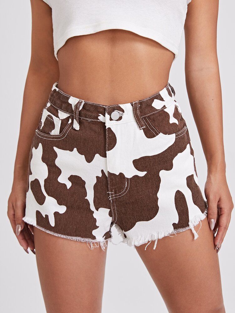 Cow Print Raw Hem Denim Shorts | SHEIN