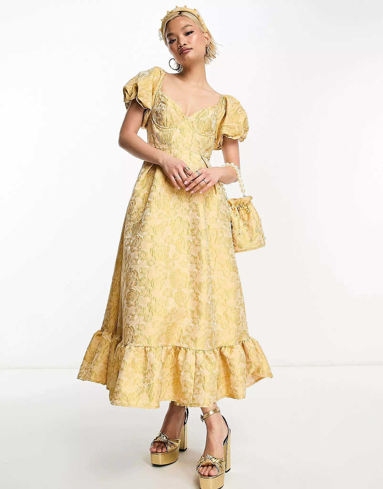 Dream Sister Jane puff sleeve jacquard midaxi dress in yellow - part of a set | ASOS (Global)