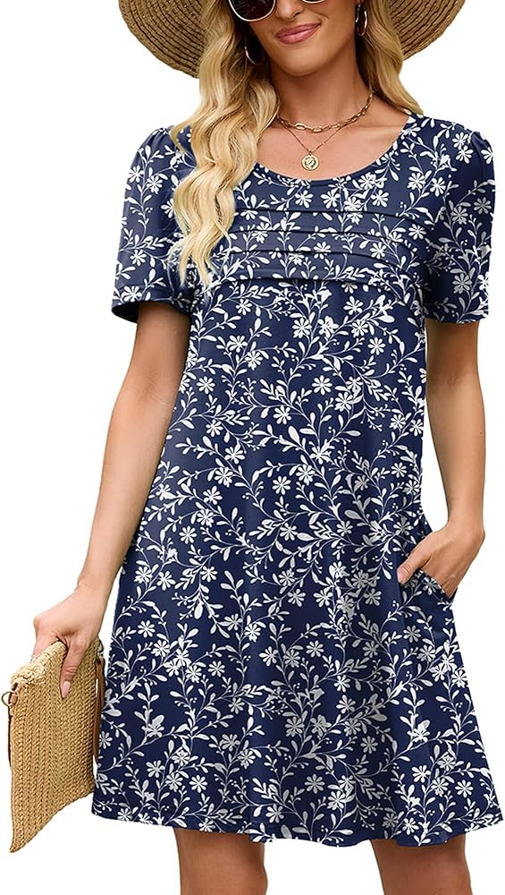 Heymoments Women's Short Sleeve Crewneck Sundress Summer Casual A-Line Beach Dress with Pockets S... | Amazon (US)
