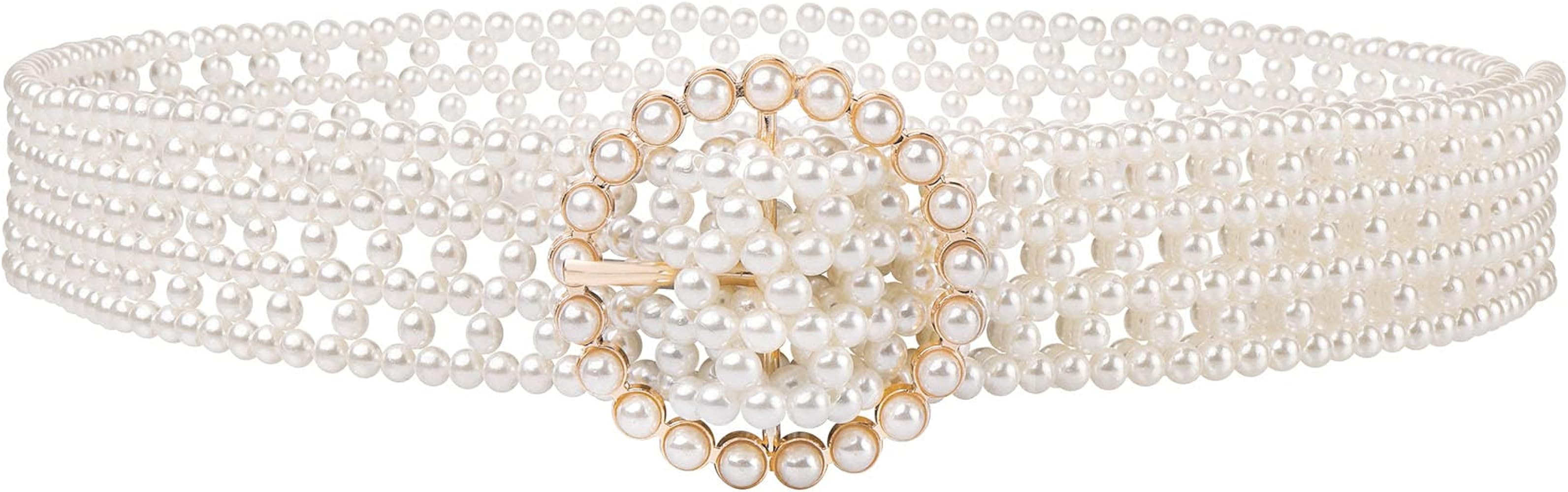 CHIC DIARY Women Bridal Pearl Belt White Beaded Crystal Rhinestone Retro Waist Belt for Wedding Dres | Amazon (US)