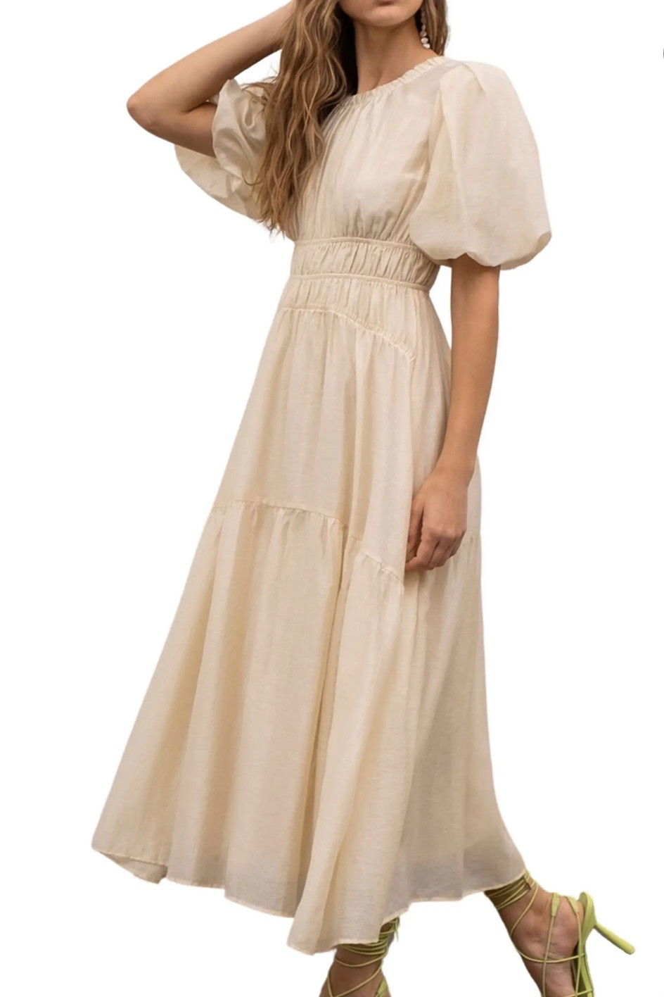 Cream puff sleeve midi Dress, perfect for summer

#LTKunder100 #LTKSeasonal #LTKxNSale