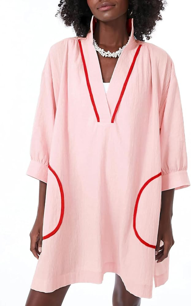 Ailoqing Swimsuit Coverup for Women V Neck 3/4 Sleeve Casual Shirt Dress with Pockets | Amazon (US)