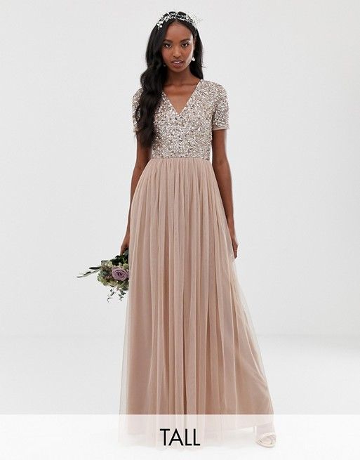 Maya Tall v neck maxi tulle dress with tonal delicate sequins | ASOS US
