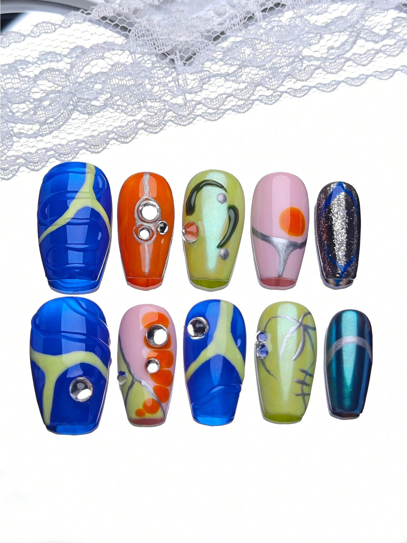 10pcs Dopamine Color Contrast Rhinestone Embossed Full Cover Nail Tips, Glossy Medium Square Shap... | SHEIN