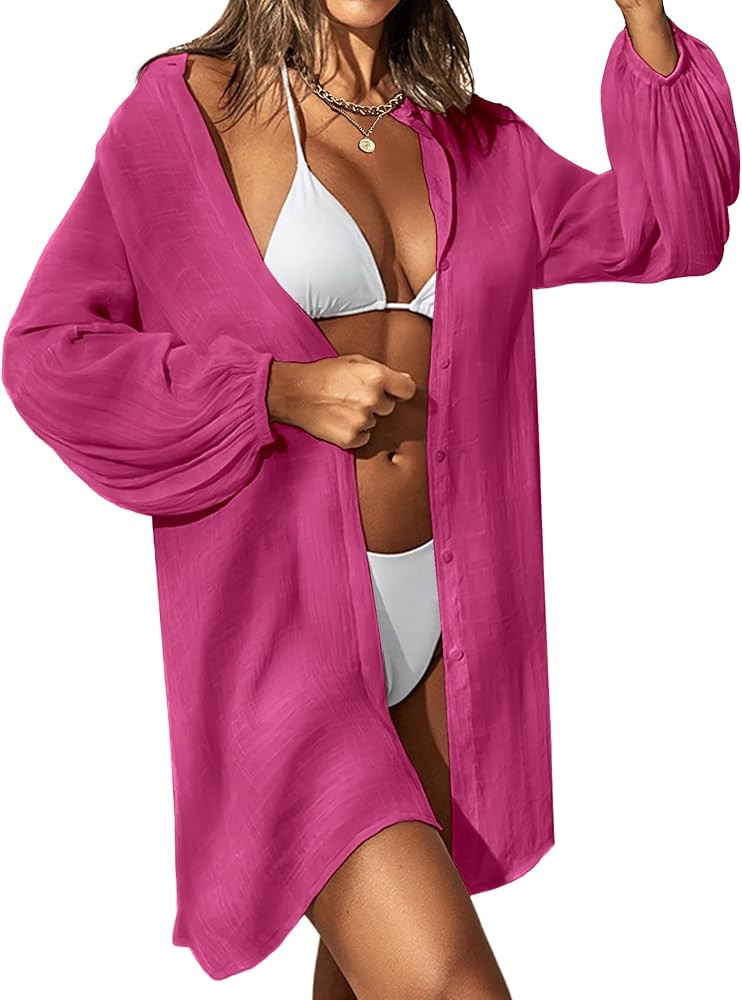 AI'MAGE Women Swimsuit Coverup Button Down Cover Up Shirt Lantern Long Sleeve Bathing Suit Cover ... | Amazon (US)