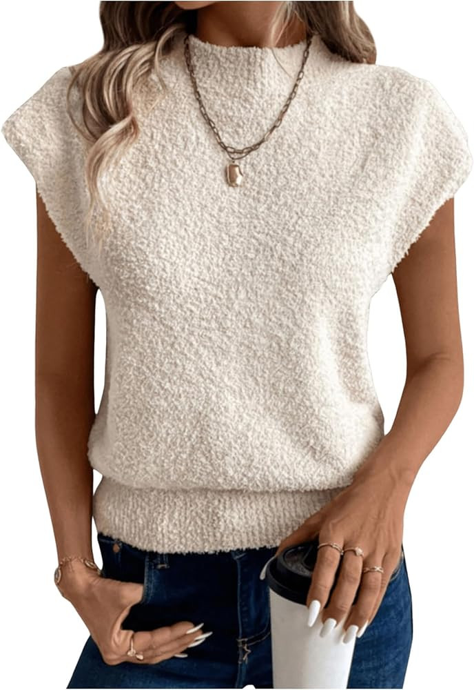 SHENHE Women's Fuzzy Sweater Vest Mock Neck Cap Sleeve Knit Pullover Tank Top | Amazon (US)