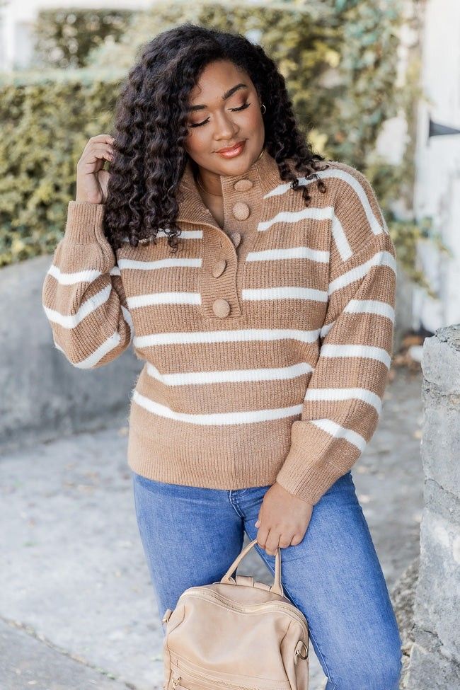 Make Things Right Brown Striped Henley Sweater | Pink Lily
