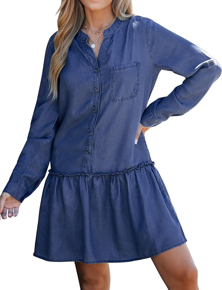 luvamia Denim Dress for Women Long Sleeve Shift Button Down Ruffle Jean Dresses Chambray Western ... | Amazon (US)