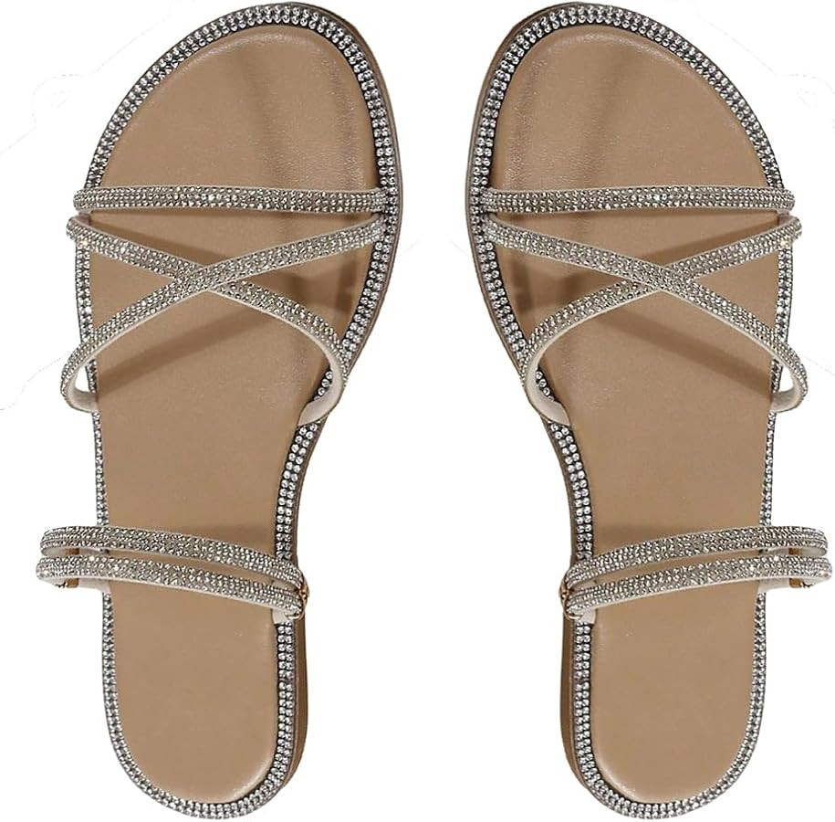 OYOANGLE Women's Rhinestone Strappy Open Toe Slide Sandals Slip on Casual Flat Sandals | Amazon (US)