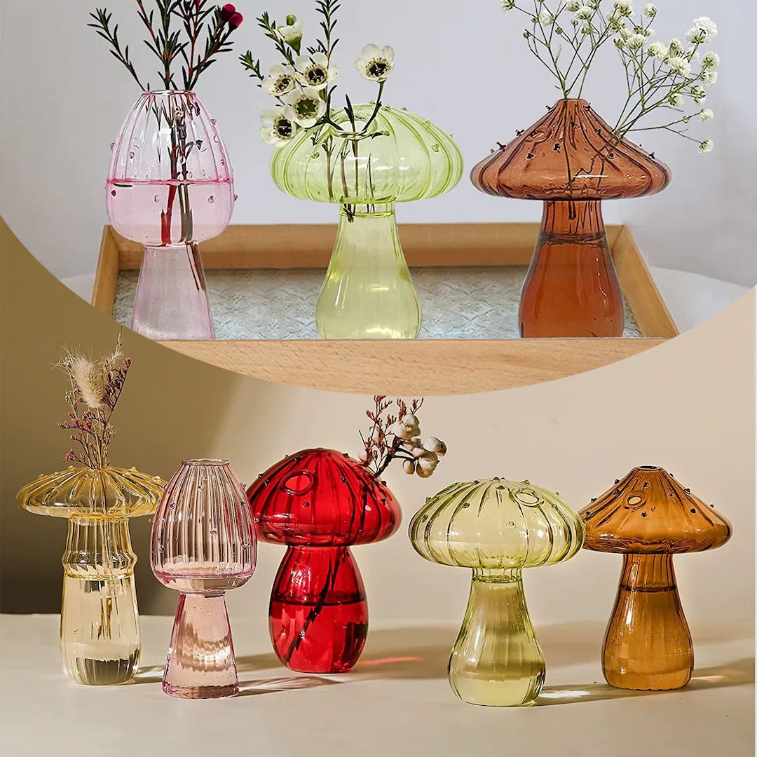 Cute Mushroom Glass Bud Vase, Coloured Fine Glass Vase, Glass Mushroom Vase Cottagecor Decor, Mus... | Etsy (US)