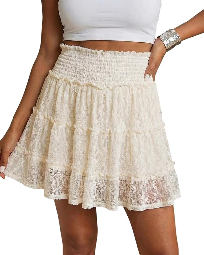 Womens Lace Mini Skirt High Waisted Flowy Skirts with Shorts Underneath Boho A Line Skort Trendy ... | Amazon (US)