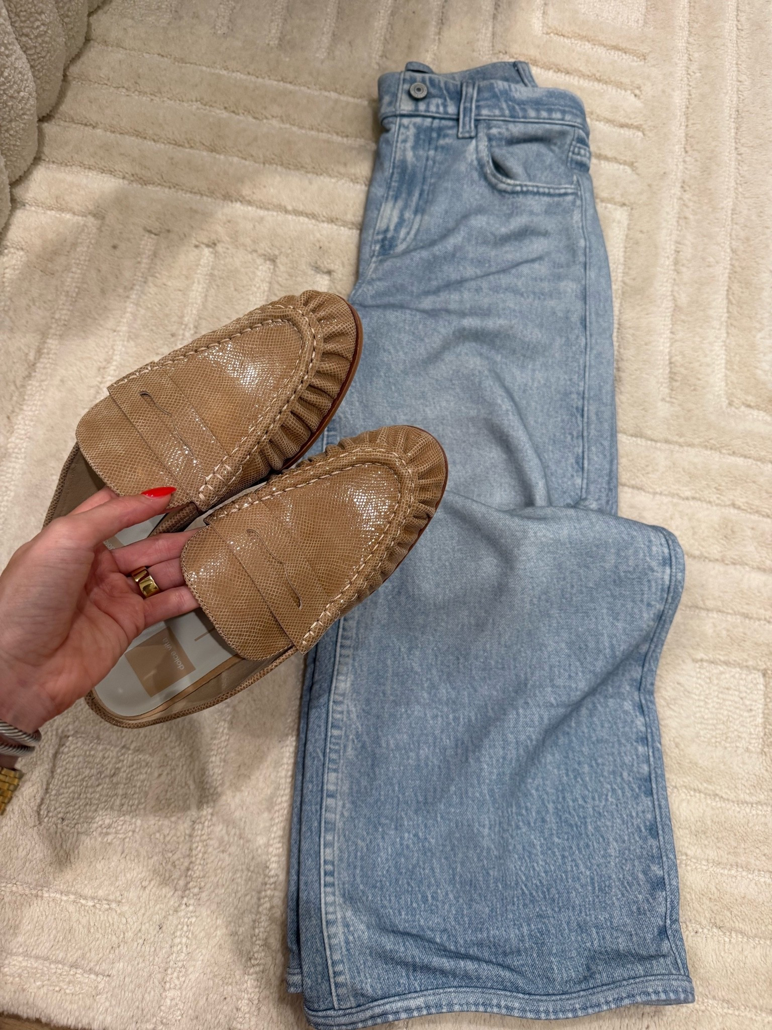 These trending sweatpant jeans with the loafers are a must grab!