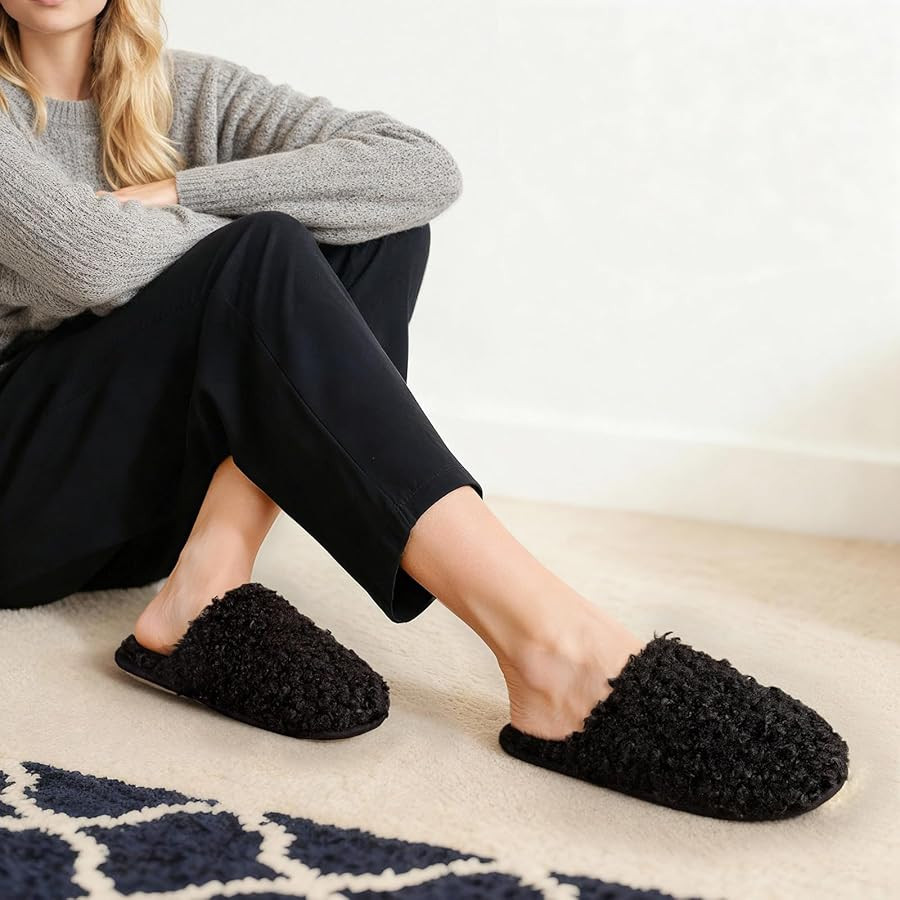 Snug Leaves Women's Scuff Slippers Furry Cute Curly Faux Wool Slip-on Indoor Memory Foam House Sh... | Amazon (US)