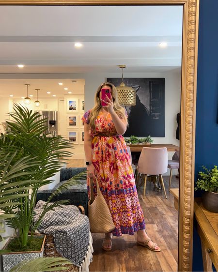 Cute Anthropologie printed maxi dress! True to size. I’m wearing a large. Added the belt because I didn’t love the shape without it.

#LTKSeasonal #LTKitbag #LTKstyletip