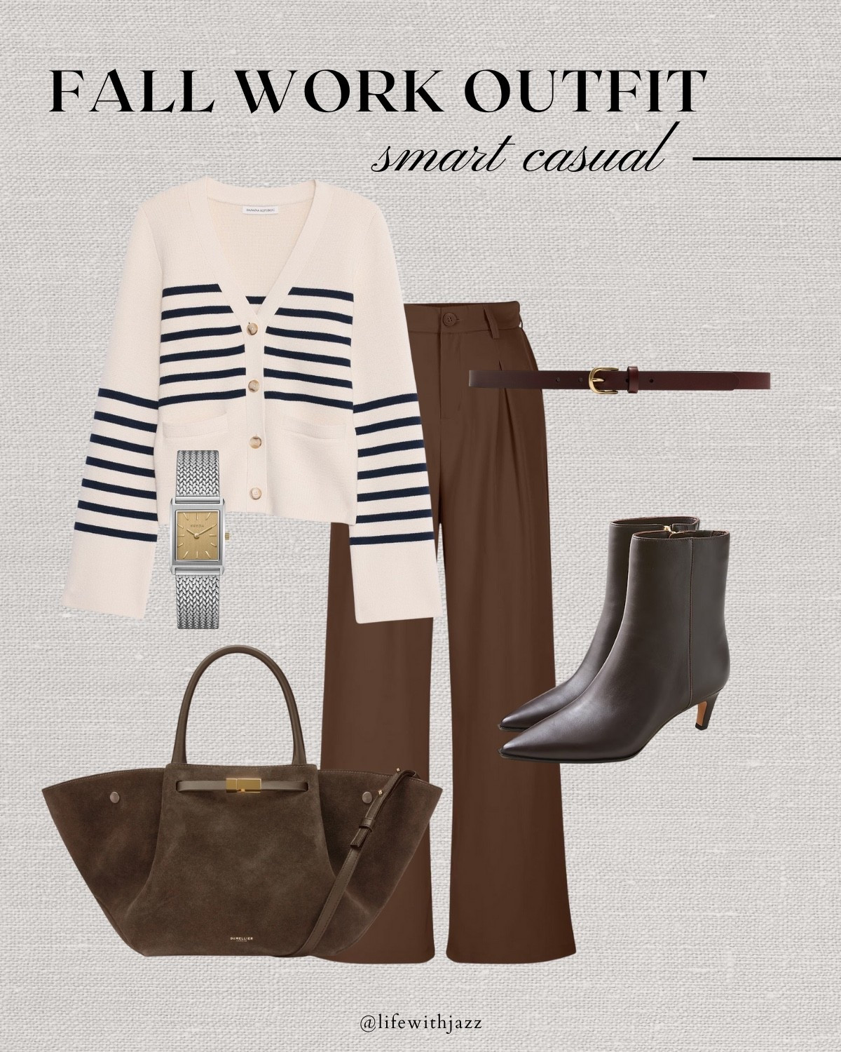 Fall work capsule outfit 

Fall capsule / office outfit / smart casual style/ striped cardigan / chocolate brown tailored pant / suede tote / brown leather boots 

#LTKStyleTip #LTKWorkwear