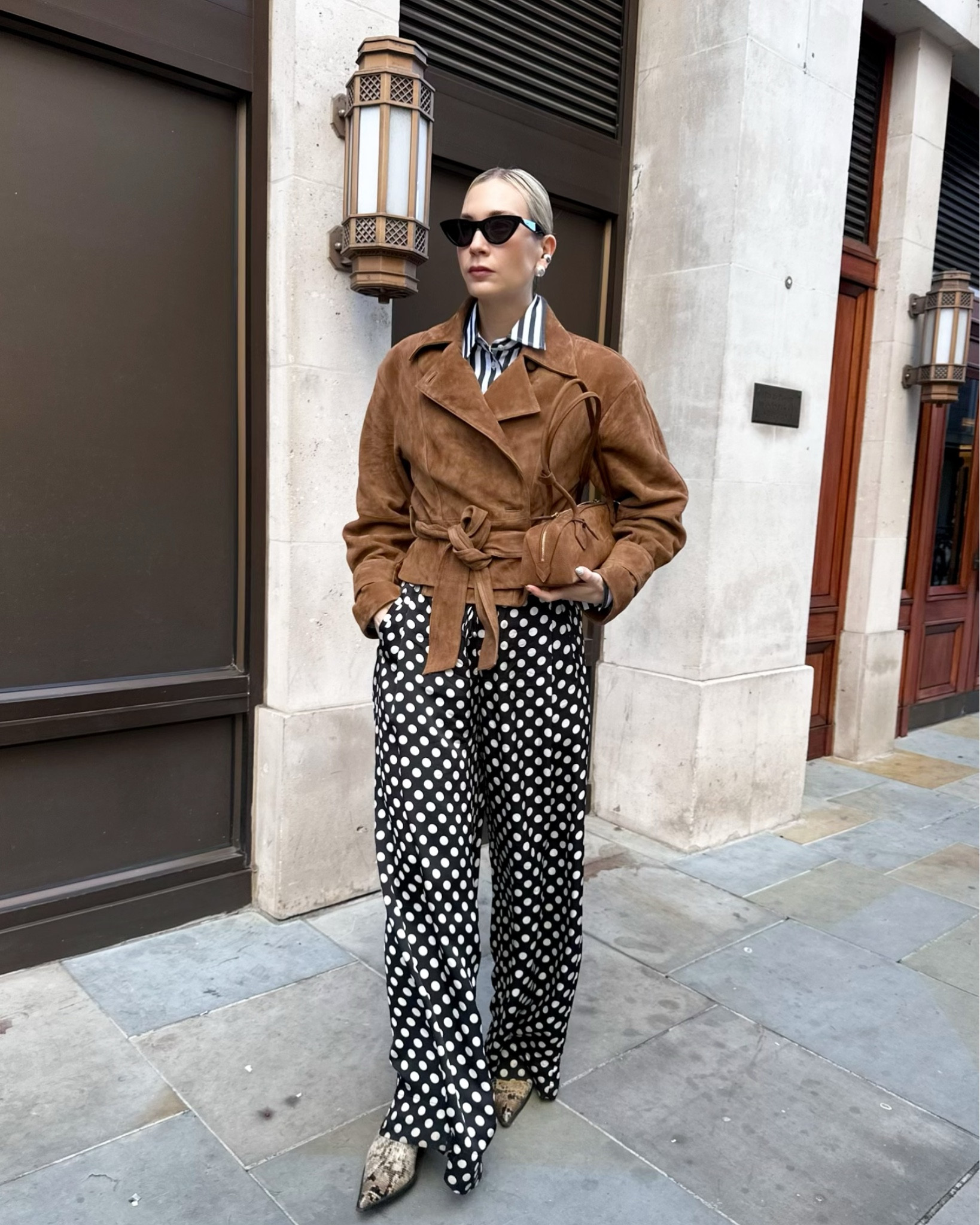 Spring layers done right! Mixing textures and prints for an effortless yet elevated city look. A classic suede jacket adds warmth for transitional weather, while bold polka dots and stripes bring a playful contrast. Perfect for those in-between spring days! 

#LTKspring #LTKFashionMonth #LTKstyletip