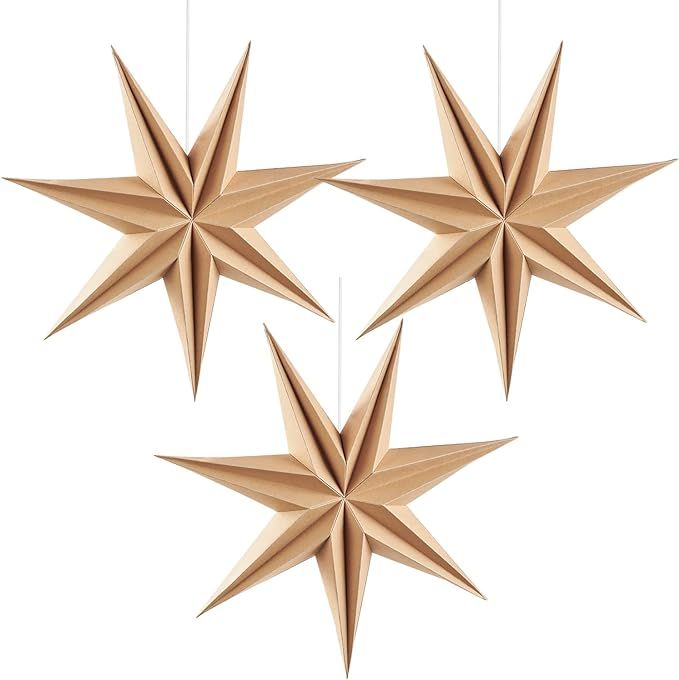 SUNBEAUTY 3 Pcs 7-Pointed Natural Paper Star Lanterns 12 Inch Christmas Hanging Lamp Rustic Paper... | Amazon (US)