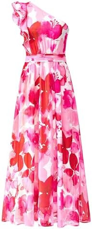 BTFBM Women One Shoulder Floral Maxi Wedding Guest Dress | Ruffle Layer Cap Sleeve, Smocked Back,... | Amazon (US)