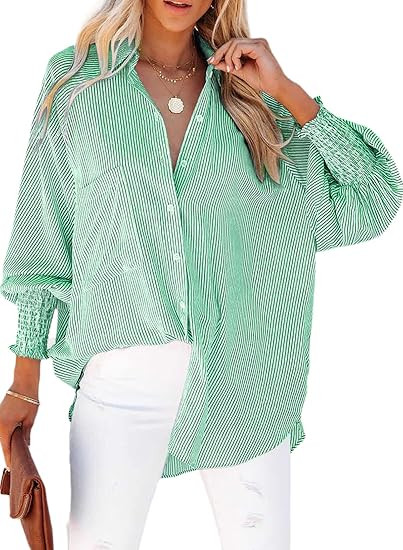 Womens Smocked Cuffed Striped Boyfriend Shirt Casual Collar Long Sleeve Oversized Button Down Blo... | Amazon (US)
