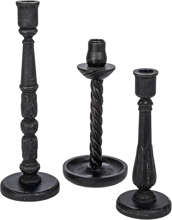Creative Co-Op Round Wood Taper Candle Holders, Black, Set of 3 | Amazon (US)