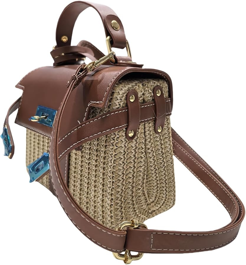 Women's Straw Beach Bag Crossbody Bag, Summer Leather Stitching Straw Handbag | Amazon (US)