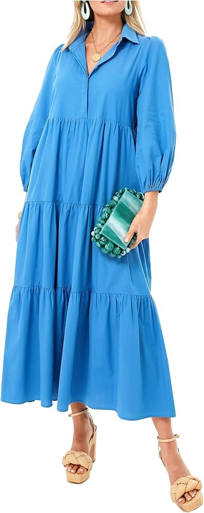 Women Flowy Maxi Dresses Casual V Neck Smocked Tiered Babydoll Sundress Beach Long Skirt with Poc... | Amazon (US)
