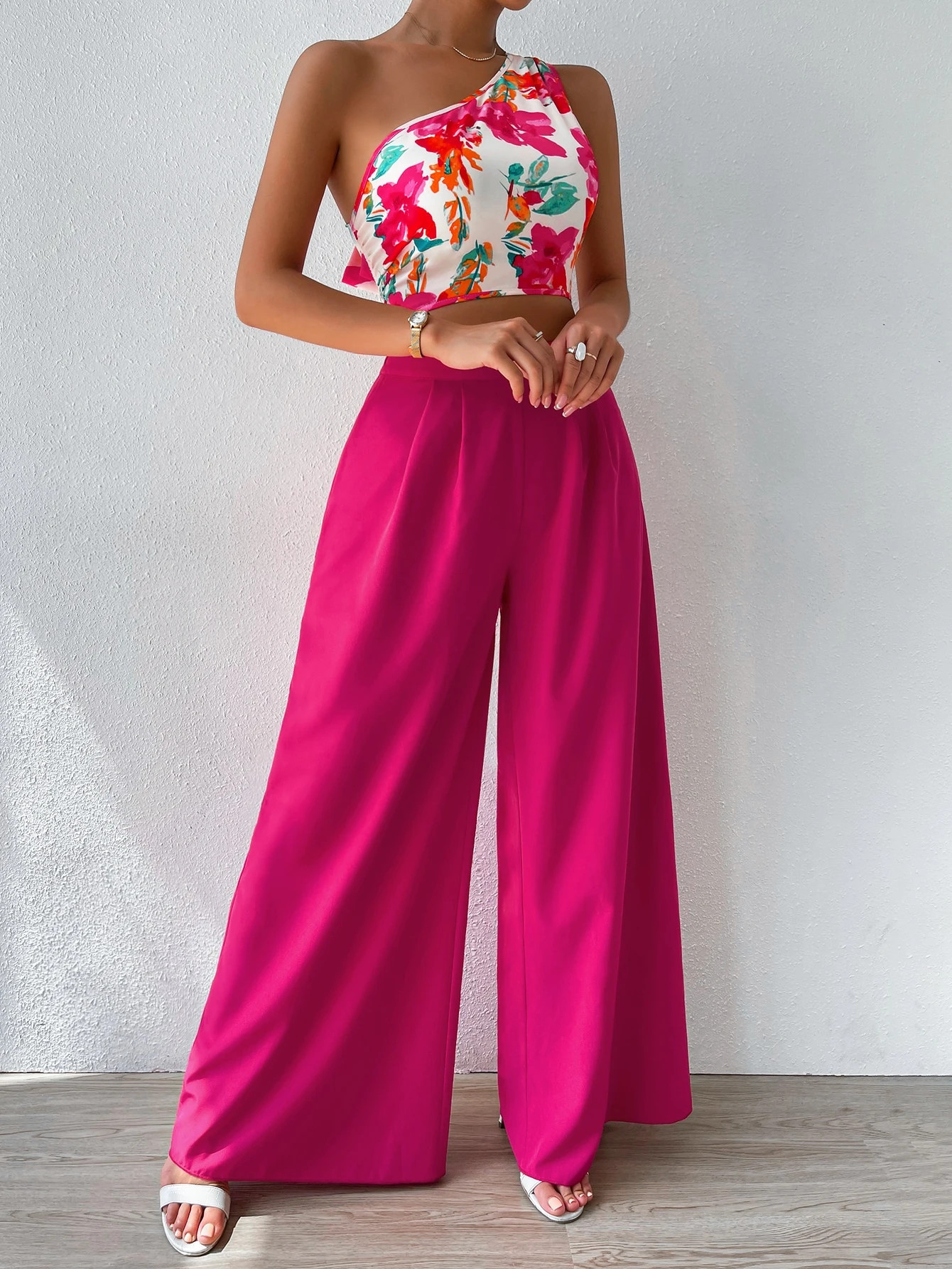 SHEIN VCAY Floral Print One Shoulder Top & Wide Leg Pants | SHEIN