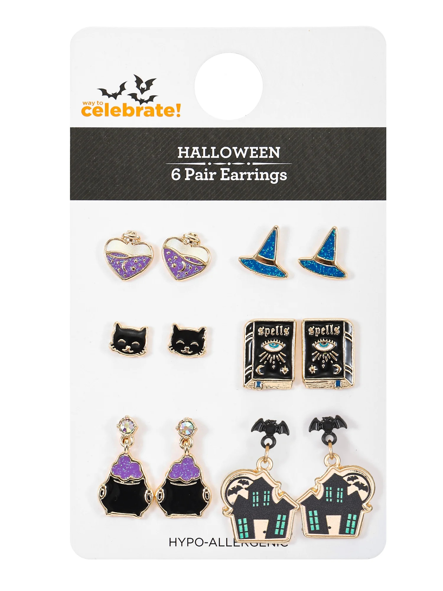 Way to Celebrate Halloween Motif Earrings, Multicolored, Goldtone, 6 Pairs, Female | Walmart (US)
