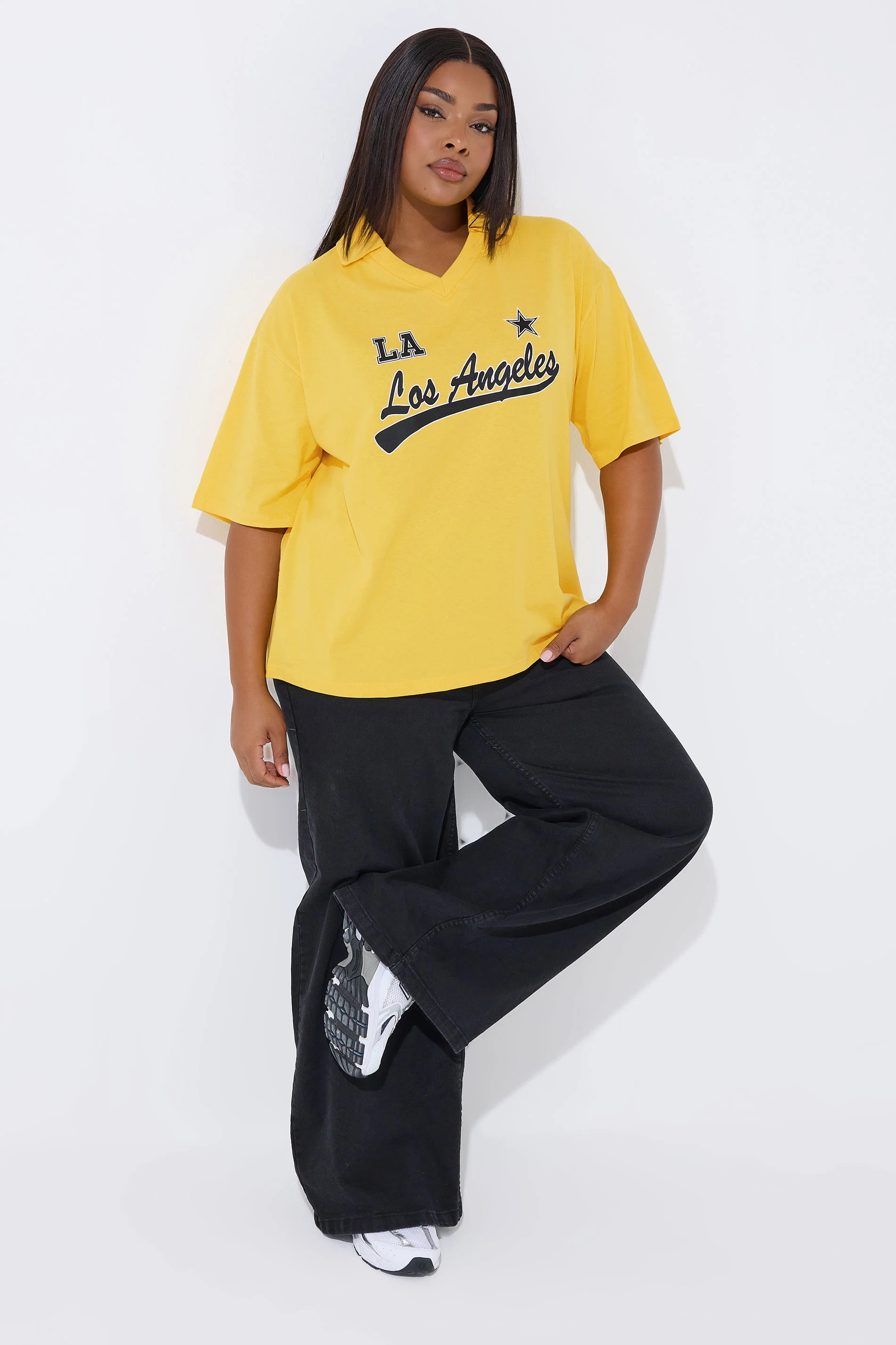 LIMITED COLLECTION Plus Size Yellow 'Los Angeles' Rugby Collar Varsity Top | Yours Clothing UK