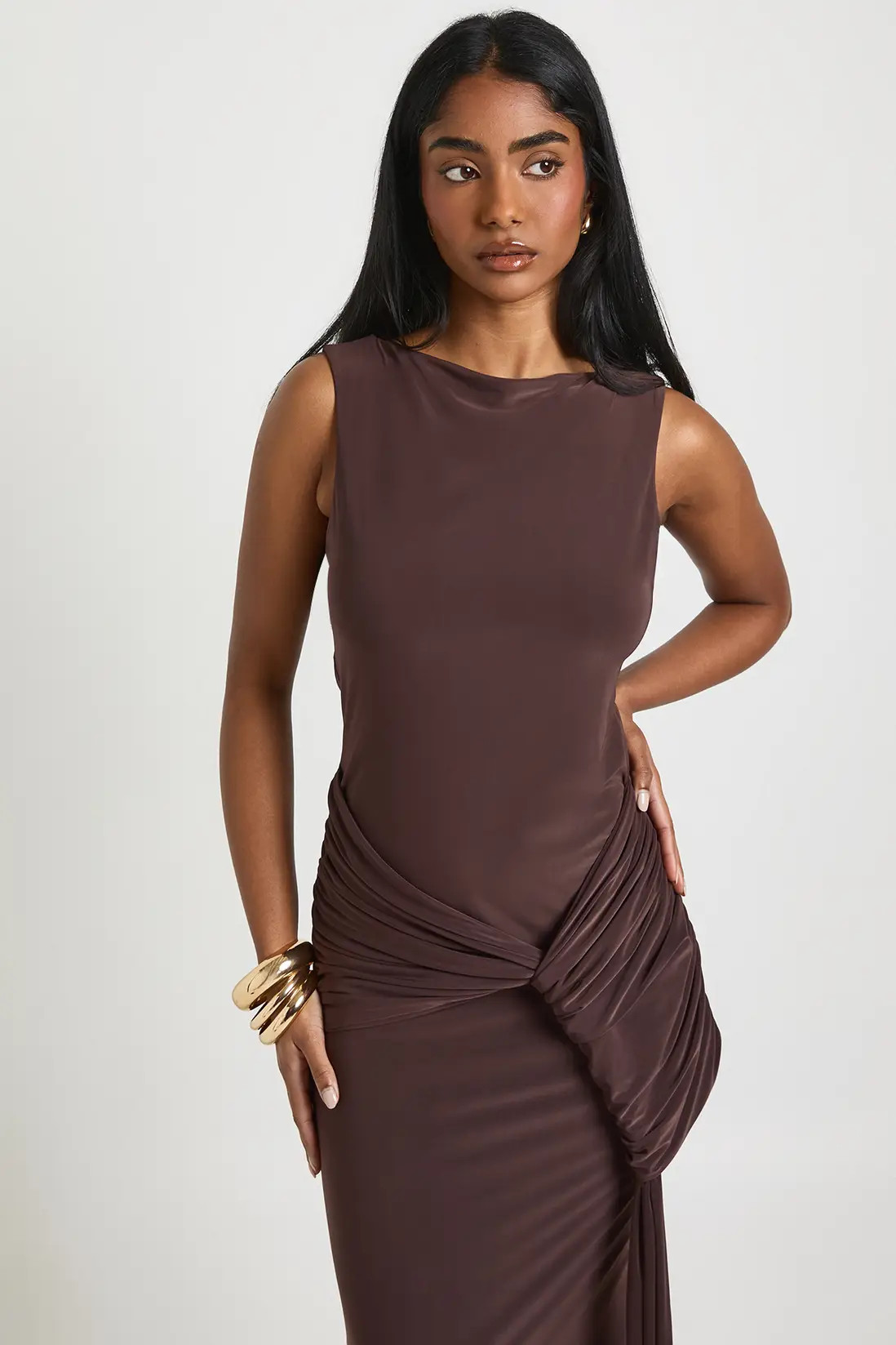 Chocolate Double Layer Slinky Wrap Detail Maxi Dress | Boohoo | Boohoo.com (UK & IE)