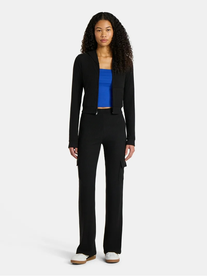 No Boundaries Brushed Ribbed Zip-Up Hoodie and Flare Pants Set, 2-Piece, Women's | Walmart (US)