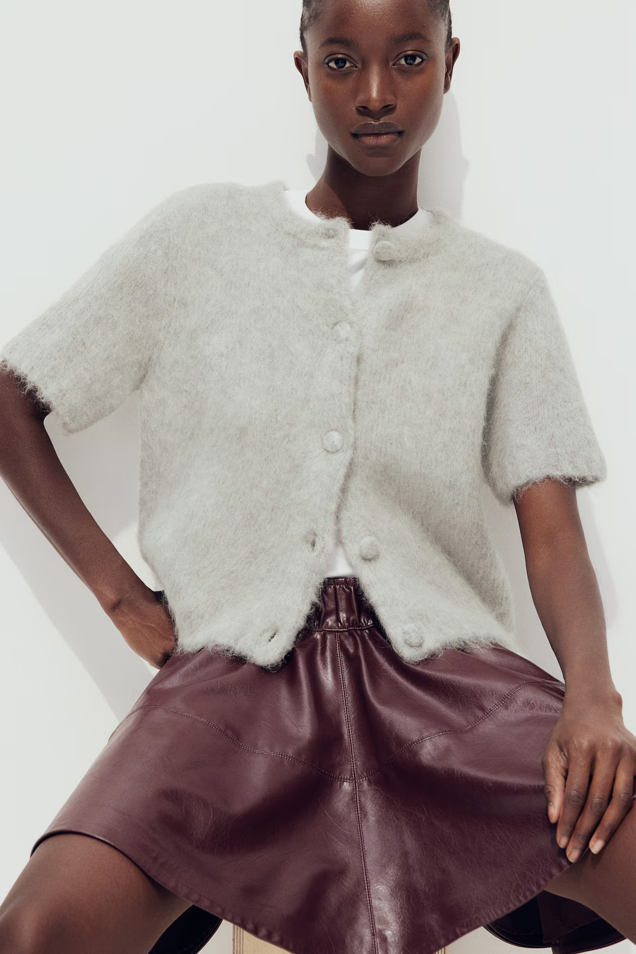 Mohair-Blend Cardigan - Round Neck - Short sleeve - Light gray melange - Ladies | H&M US | H&M (US + CA)