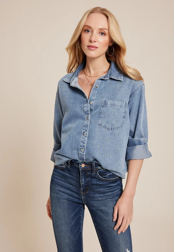 Denim Medium Wash Button Up Shirt | Maurices