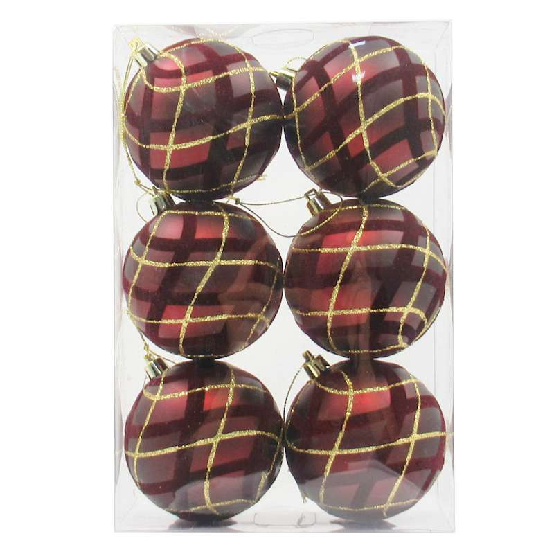 6-Count Burgundy Plaid Ornaments, 3.1" | At Home
