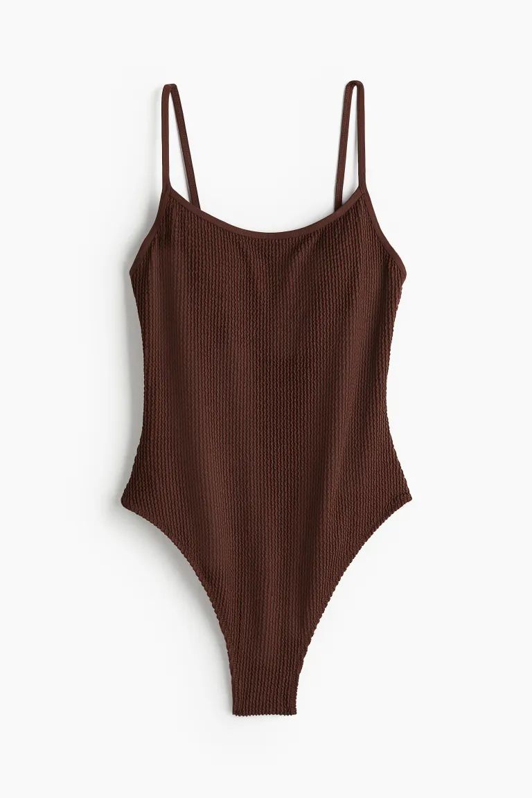 Padded-cup High-leg swimsuit - Dark brown - Ladies | H&M GB | H&M (UK, MY, IN, SG, PH, TW, HK)
